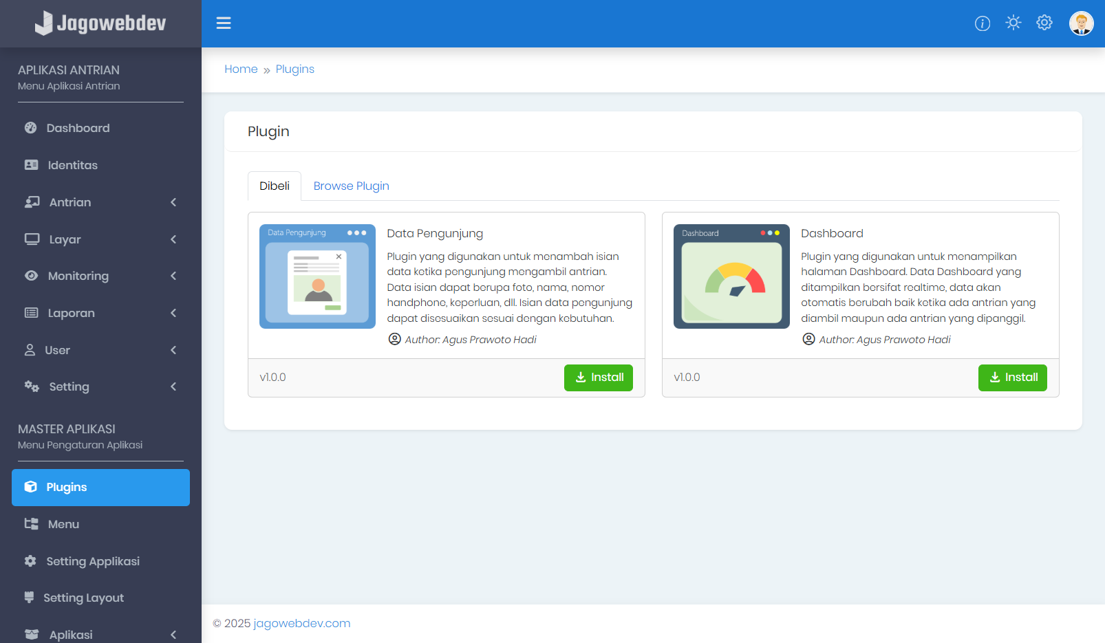 Halaman Plugin Pada Aplikasi Antrian Professional